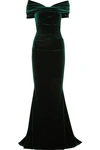 TALBOT RUNHOF OFF-THE-SHOULDER RUCHED STRETCH-VELVET GOWN,F54E8522-699A-CE45-6117-3EF397DA9D24