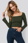 PAMELA X NA-KD RECYCLED SQUARE NECK SMOCKED CROP TOP GREEN
