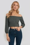 PAMELA X NA-KD RECYCLED PUFF SLEEVE BUTTON UP CROP TOP - GREY
