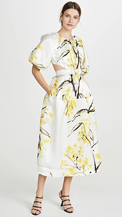 Aje Mimosa Floral-print Linen-blend Satin Dress In Wattle