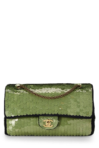 CHANEL Satin Sequin Medium Paris Shanghai Double Flap Green 155610