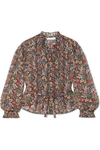 Doen Cezanne Belted Floral-print Cotton-voile Blouse In Black