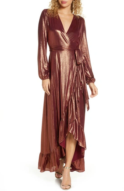 Wayf Meryl Long Sleeve Wrap High/low Gown In Copper