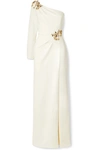 MARCHESA NOTTE ONE-SLEEVE EMBELLISHED CREPE GOWN