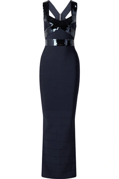 Herve Leger Sequin-embellished Bandage Gown In Navy