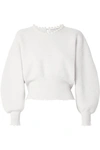 ALEXANDER WANG FAUX PEARL-EMBELLISHED CUTOUT DISTRESSED WOOL-BLEND SWEATER