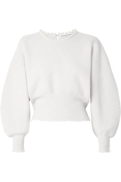 Alexander Wang Faux Pearl-embellished Cutout Distressed Wool-blend Jumper In Ivory