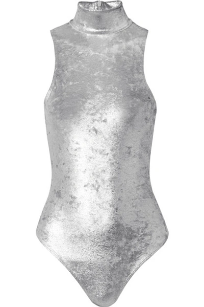 Alix Nyc Cannon Metallic Stretch-crushed Velvet Turtleneck Thong Bodysuit In Silver