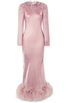 16ARLINGTON ASTAIR OPEN-BACK FEATHER-TRIMMED RUCHED SATIN GOWN