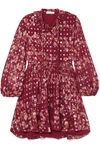 CHLOÉ TIE-NECK RUFFLED FLORAL-PRINT FIL COUPÉ SILK-CHIFFON MINI DRESS