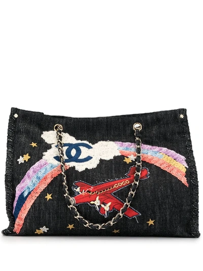 Pre-owned Chanel Jumbo Xl Rainbow Airplane Embroidered Tote In 蓝色