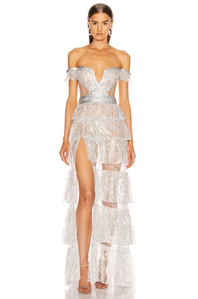 Aadnevik French Lace Layered Gown In Silver Iridescent