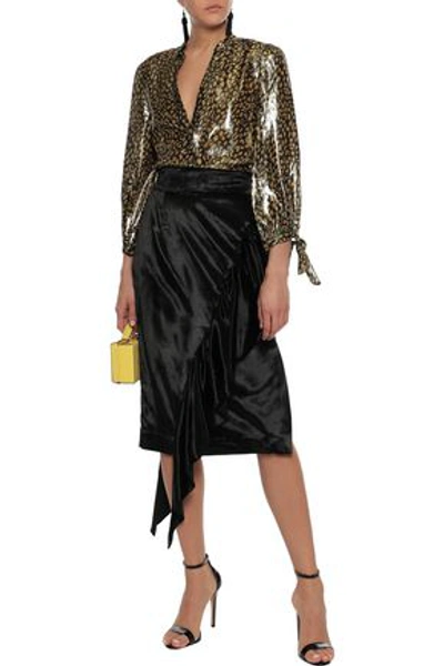 Alice And Olivia Elliot Ruffle-trimmed Leopard-print Silk-blend Lamé Blouse In Gold