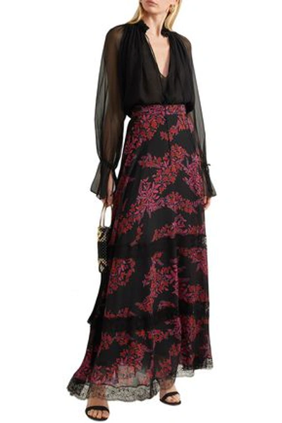 Giambattista Valli Woman Lace-trimmed Floral-print Silk-georgette Maxi Skirt Black