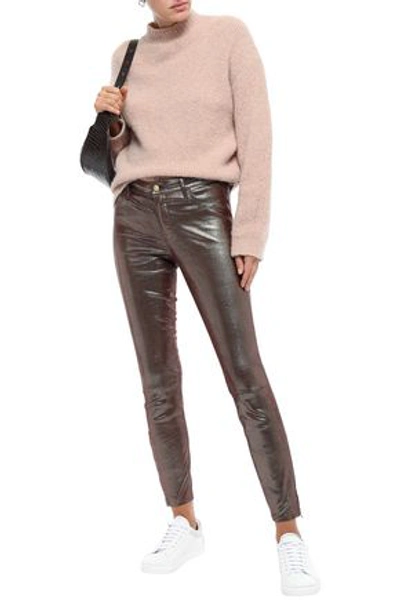 J Brand L8001 Metallic Lizard-effect Leather Skinny Trousers In Merlot