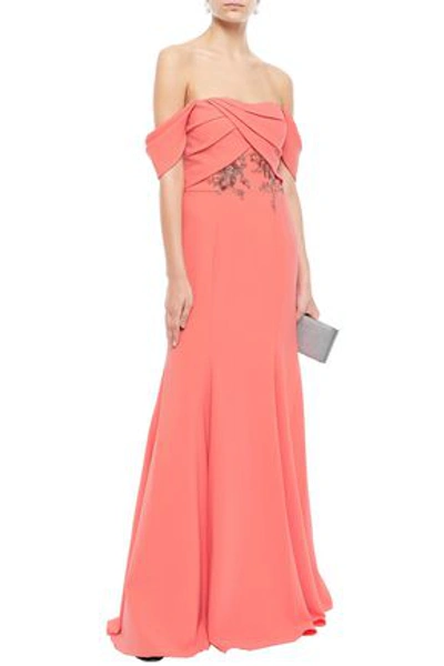 Marchesa Notte Off-the-shoulder Embellished Crepe Gown In Coral