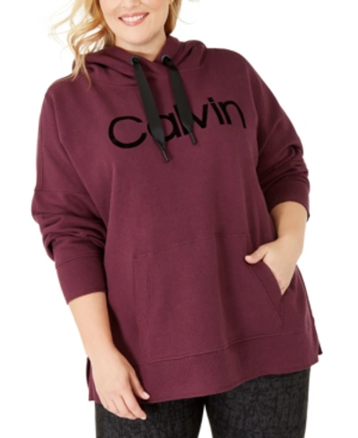 Calvin Klein Performance Plus Size Logo-trim Oversized Hoodie In Garnet