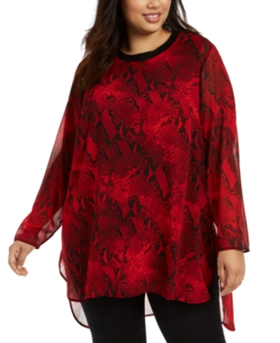 Calvin Klein Plus Size Printed High-low Tunic Top In Rouge