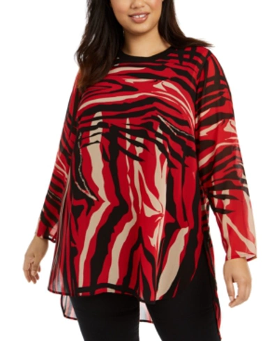 Calvin Klein Plus Size Printed High-low Tunic Top In Rouge/black Combo