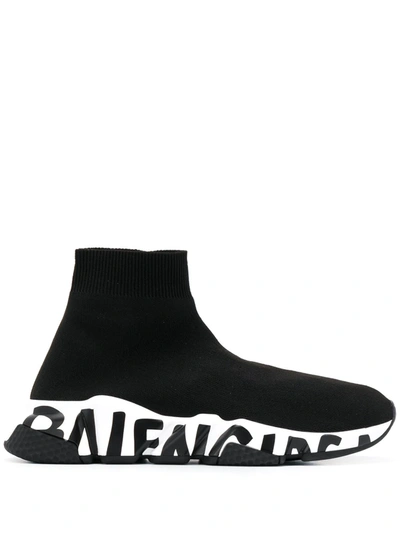 Balenciaga Speed Logo-print Stretch-knit High-top Sneakers In Black,white