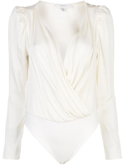 Milly Long-sleeve Wrap Bodysuit Top In White