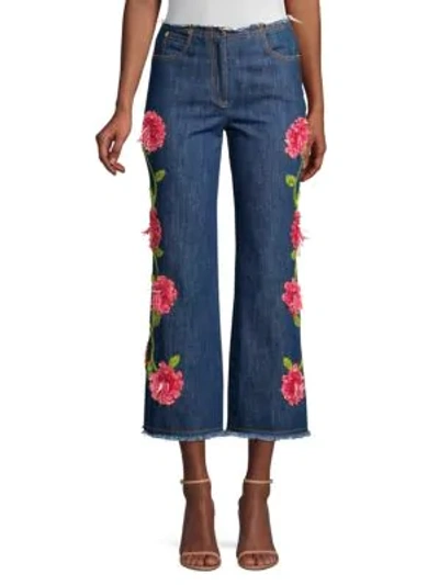 Michael Kors Cropped Embroidered Flare Jeans In Chambray