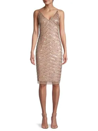 Adrianna Papell Beaded Sheath Dress In Rose Gold
