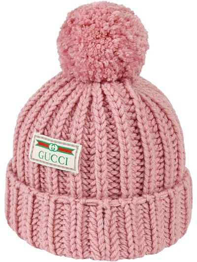 Gucci Logo贴花针织套头帽 In Pink