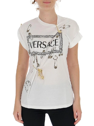 Versace Safety Pin Logo Print T In White
