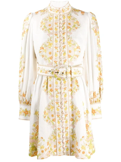 Zimmermann Floral Print Belted Dress In 白色