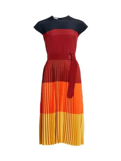 Akris Punto Colorblock Stripe Pleated Midi Dress In Prickly Pear Multi