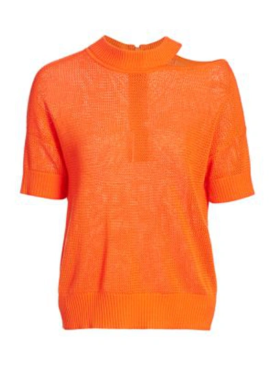 Akris Punto Mesh Knit Merino Wool Sweater With Luna Shoulder Cutout In Tangerine