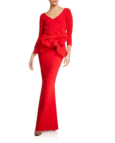 Chiara Boni La Petite Robe V-neck 3/4-sleeve Bow Peplum Gown In Red