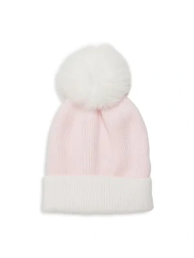 Adrienne Landau Fox Fur Pom-pom Colourblock Beanie In White Pink