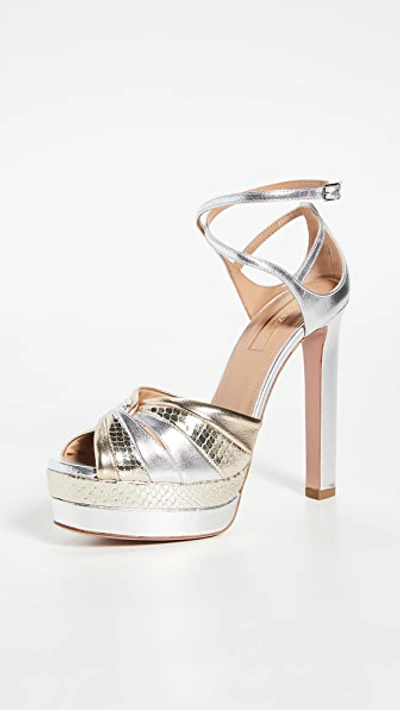 Aquazzura La Di Da 130 Two-tone Metallic Leather Platform Sandals In Silver