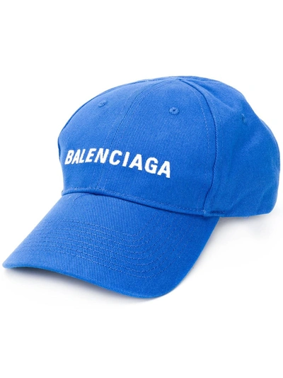 Balenciaga Logo刺绣有机棉棒球帽 In Blue