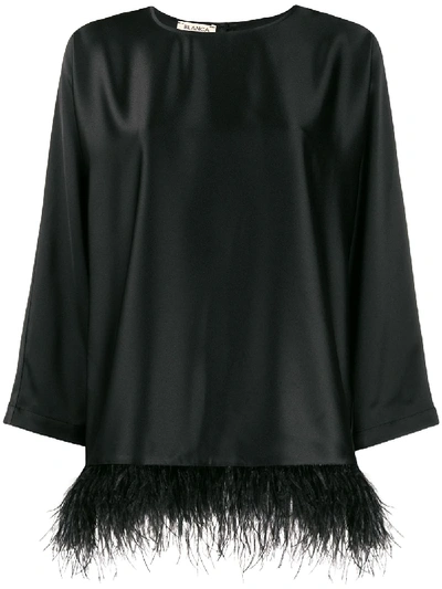 Blanca Feather-hem Satin Top In Black