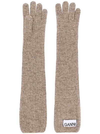 Ganni Ribbed Logo Gloves In Nude