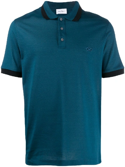 Ferragamo Embroidered Logo Polo Shirt In Blue