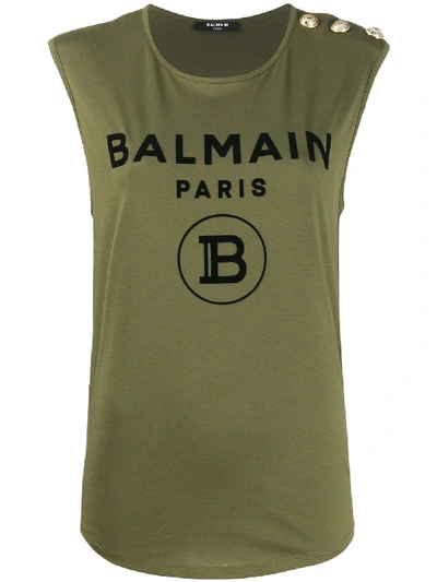 Balmain Logo Printed Tank Top In Green