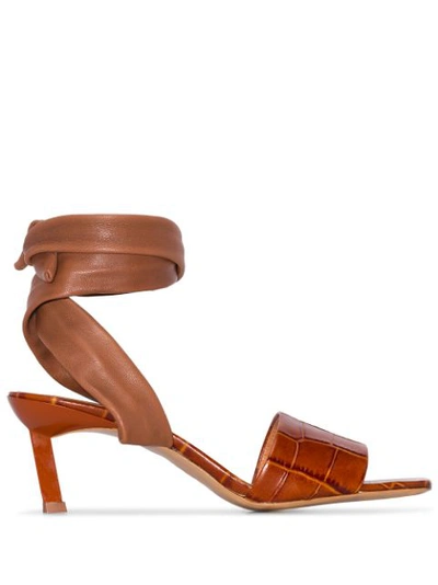 Ganni Smooth And Croc-effect Leather Sandals In Brown