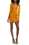 Endless Rose Ruched Long Sleeve Velvet Body-con Dress In Yellow
