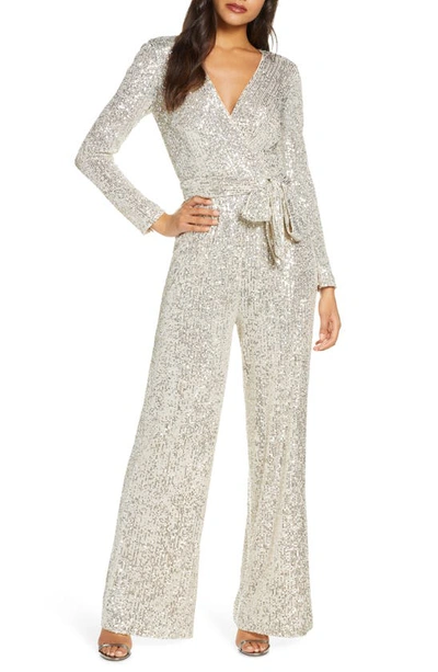 Eliza J Long Sleeve Sequin Surplice Jumpsuit Dress In Champagne/silver