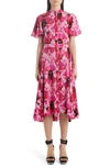 ALEXANDER MCQUEEN FLUTTER SLEEVE FLORAL SILK MIDI DRESS,611120QCABE