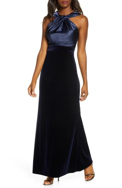 Eliza J Twist Front Sleeveless Satin & Velvet Gown In Navy