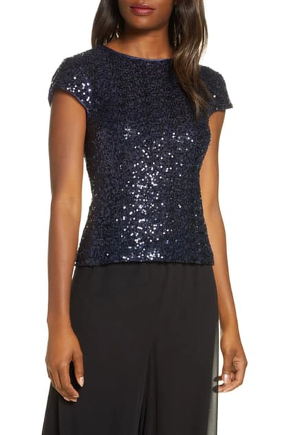 Eliza J Fitted Sequin Tee In Navy