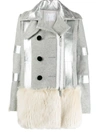 Sacai Faux Fur Trimmed Wool Coat In Grau
