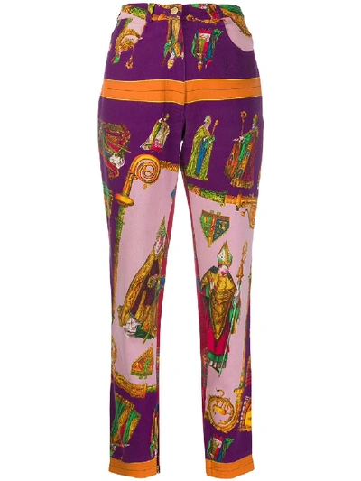 Pre-owned Versace 1990s Religion Print Cropped Trousers In Purple