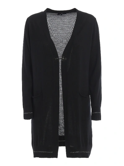Fay Lurex Detailed Wool Long Cardigan In Black
