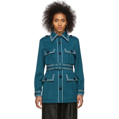 Fendi Belted Topstitched Wool-drill Blazer In Blue